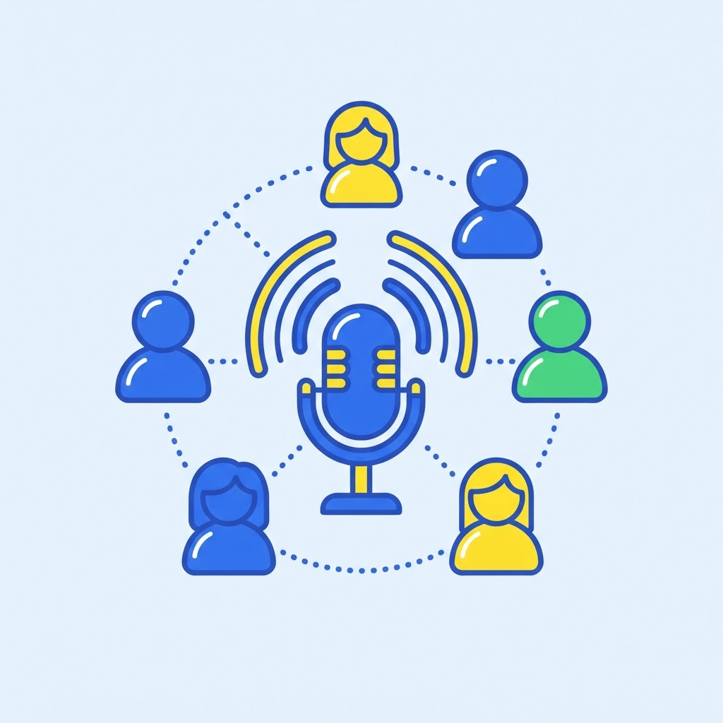 Ilustración de radio comunitaria con personas conectadas alrededor de un micrófono
