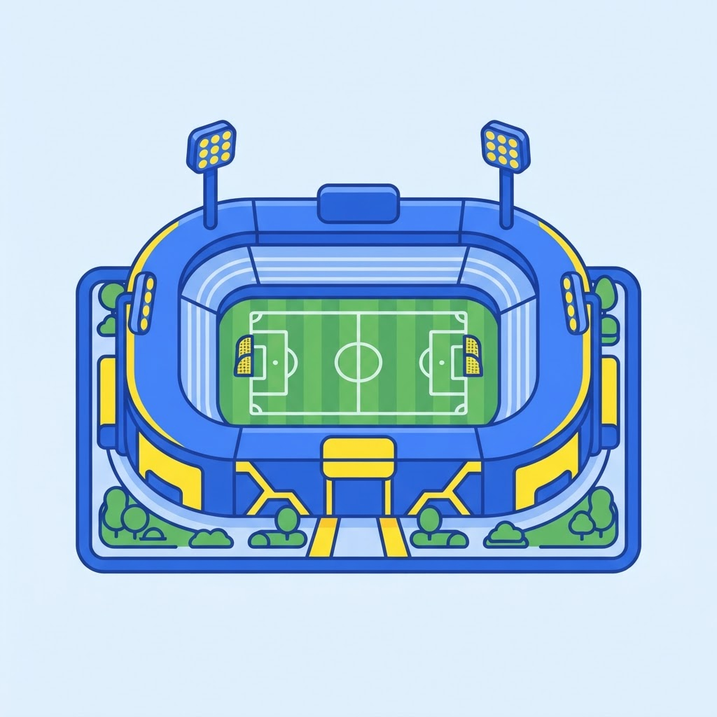 Ilustración de un estadio con porterías y torres de luz